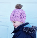 PATTERN - I Love This Beanie - DIGITAL DOWNLOAD, Crochet Beanie Pattern, Messy Bun Hat Pattern